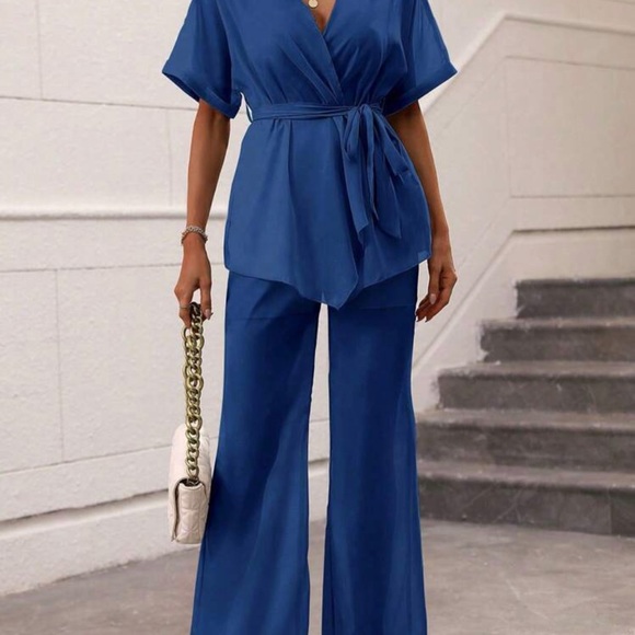 Solid Chiffon Batwing Sleeve Belted Blouse & Wide Leg Pant Suit *NEW* - Picture 5 of 7